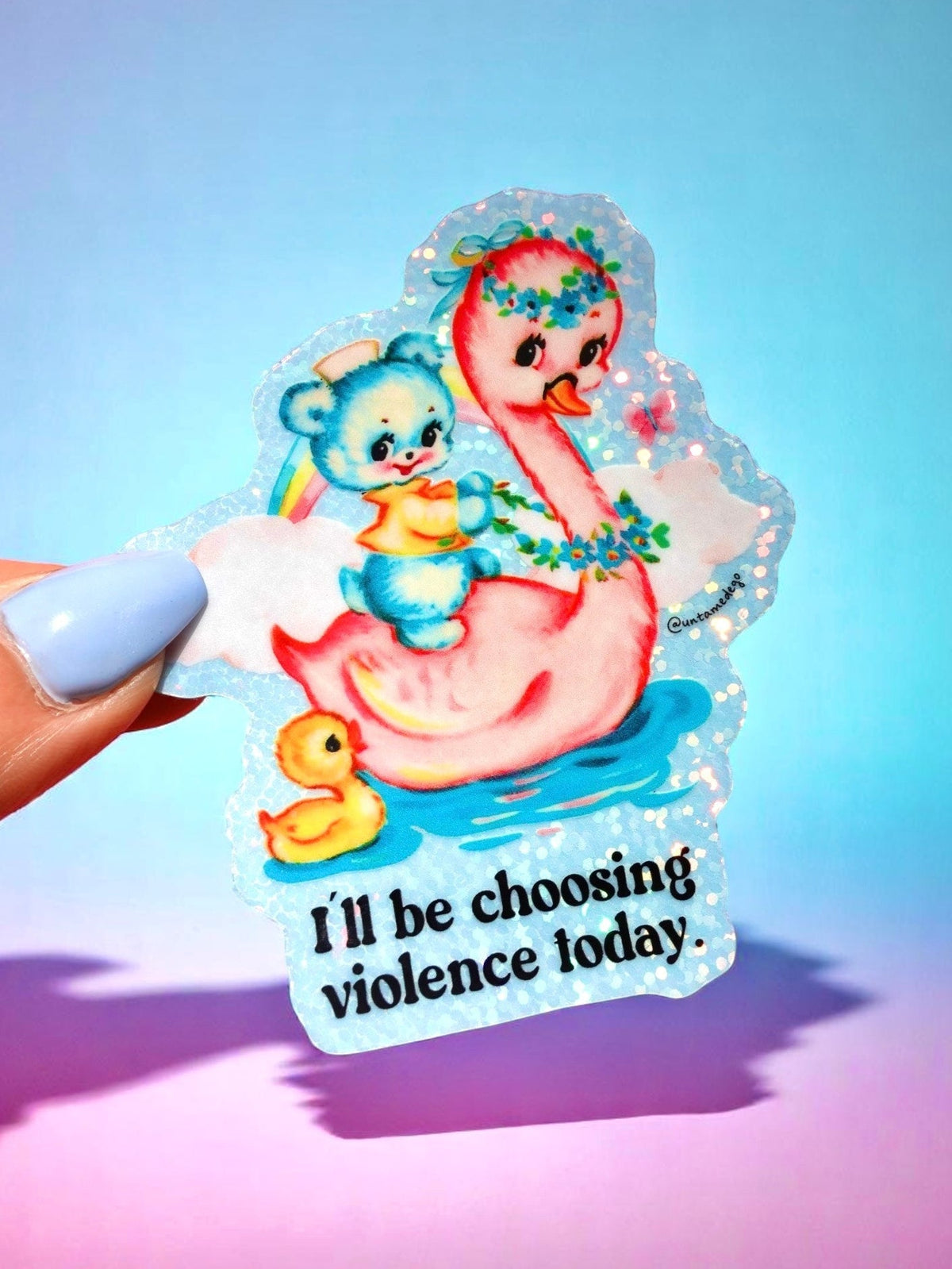 Funny Cartoon girl riding blue mouse sticker with rainbow confetti and text 'I'll be choosing violence today'