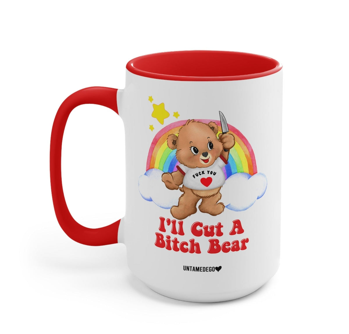 Funny "I'll Cut A Bitch Bear Lolly The Bear" — Ceramic mug with red interior, bear graphic and “I'll Cut A Bitch Bear” lettering