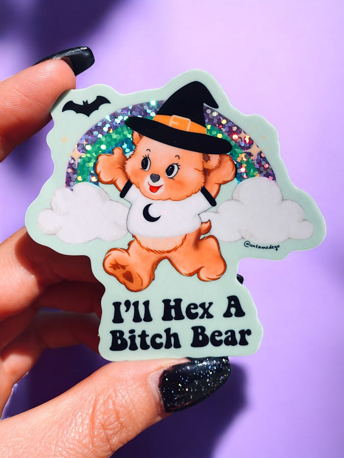 Funny Bear witch sticker with glitter, black hat and moon over clouds; text 'I'll Hex A Bitch Bear'