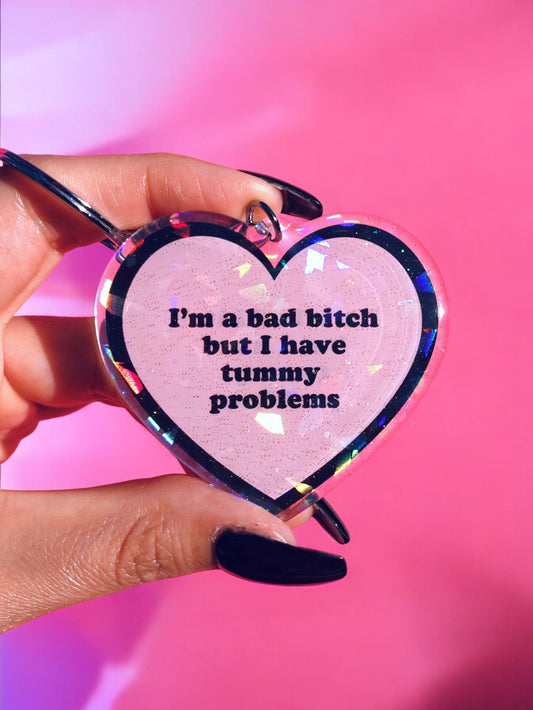 Funny Holographic heart keychain with black border and quote text
