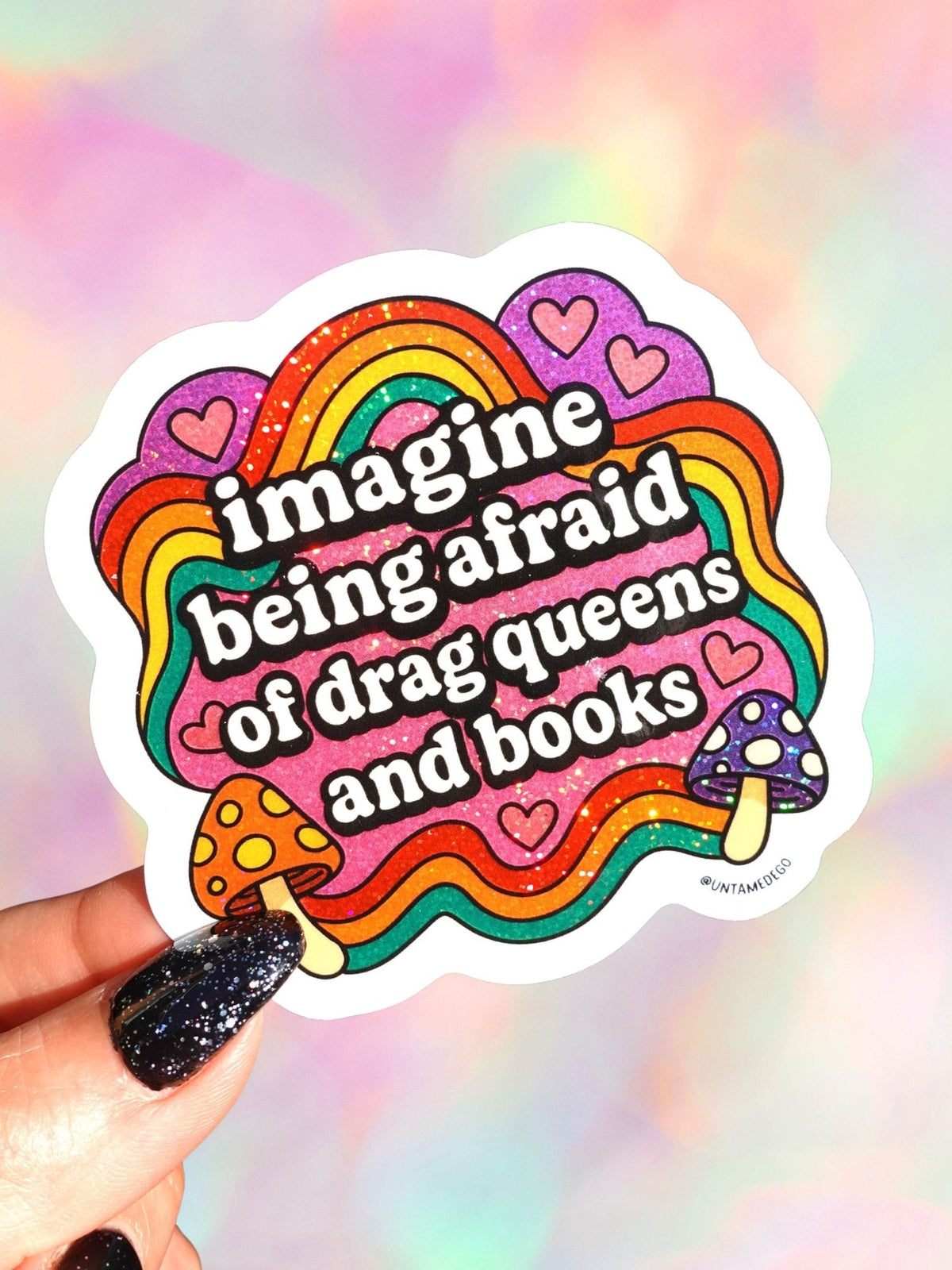 Funny Rainbow quote sticker with colorful lettering and small purple face icon, white border