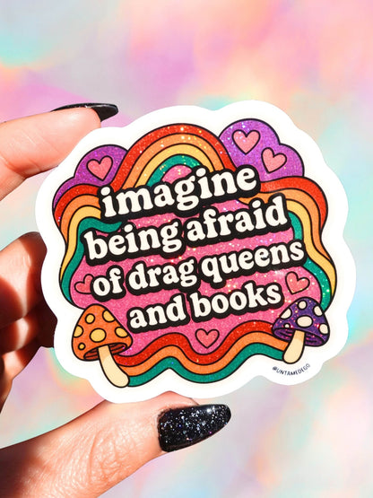 Funny Rainbow quote sticker with colorful lettering, purple hearts, and white border