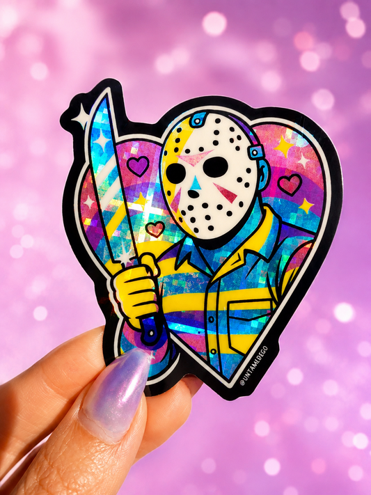 Funny Heart-shaped sticker of hockey-masked Jason in blue and yellow, colorful rainbow art
