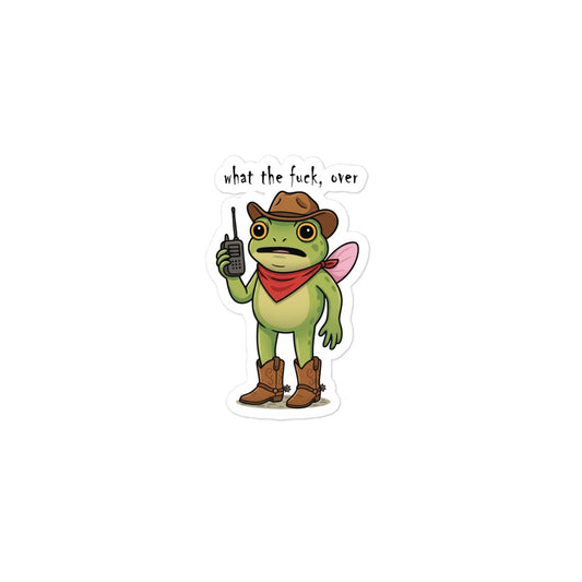 Funny Frog character bubble-free sticker, full-body with brown hat and raised walkie-talkie