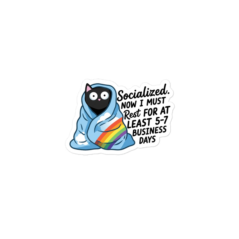 Funny Bubble-free sticker, small cat in blue hoodie with rainbow sash and “Socialized...” text