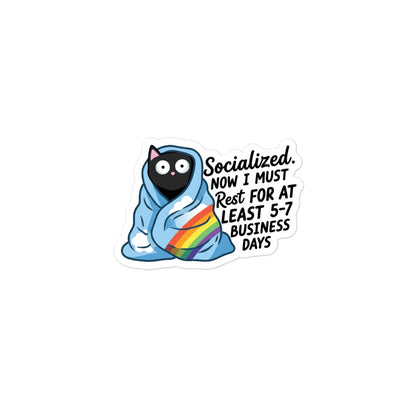 Funny Bubble-free sticker, small cat in blue hoodie with rainbow sash and “Socialized...” text