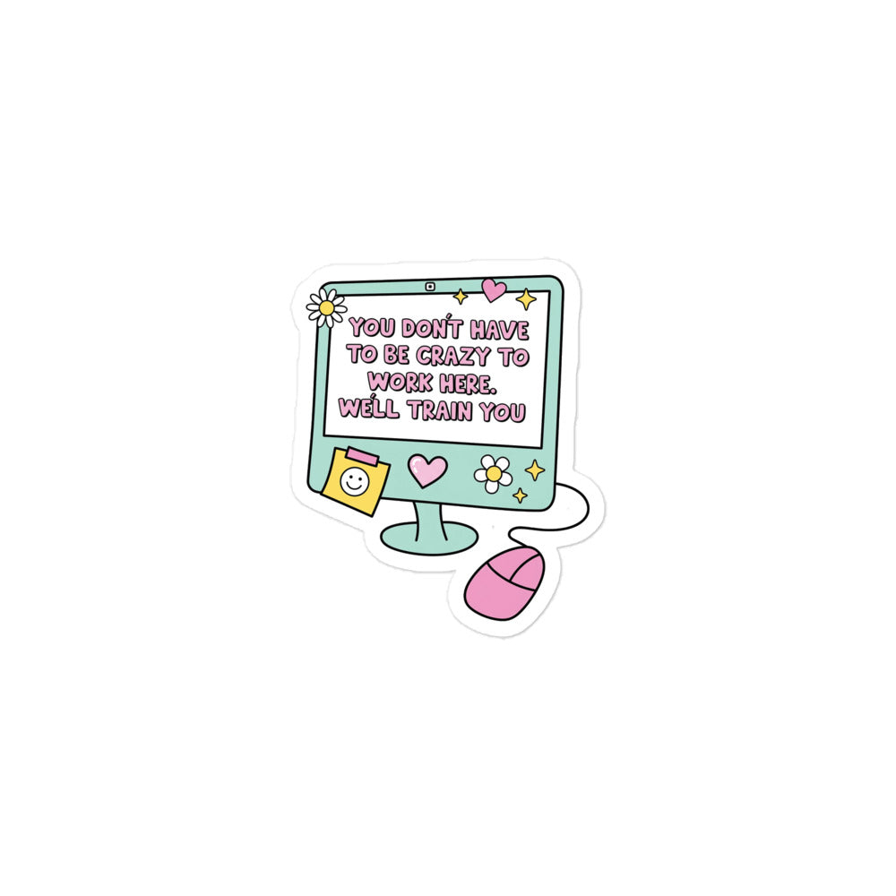 Funny Bubble-free sticker with monitor and mouse icons, hearts, and quote text
