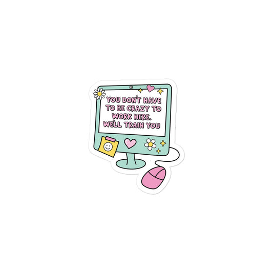 Funny Bubble-free sticker with monitor and mouse icons, hearts, and quote text