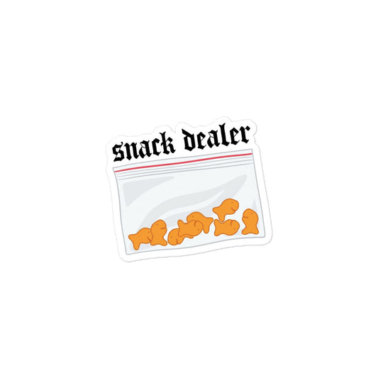 Funny Snack dealer bubble-free sticker: small clear pouch with orange snack characters