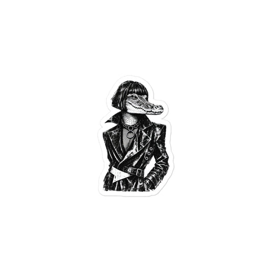 Funny Bubble-free sticker featuring a crocodile wearing a black coat and jewelry, smaller view