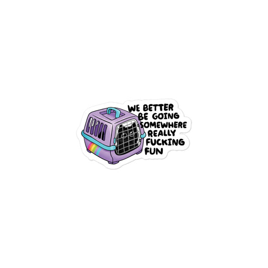 Funny Bubble-free sticker featuring a purple van with rainbow stripe and stacked quote text