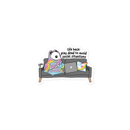 Funny Bubble-free sticker centered: panda on gray couch with laptop and colorful pillows