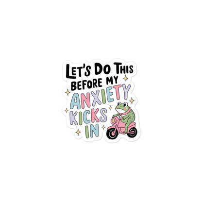 Funny Bubble-free sticker showing Anxiety text with green frog on pink scooter