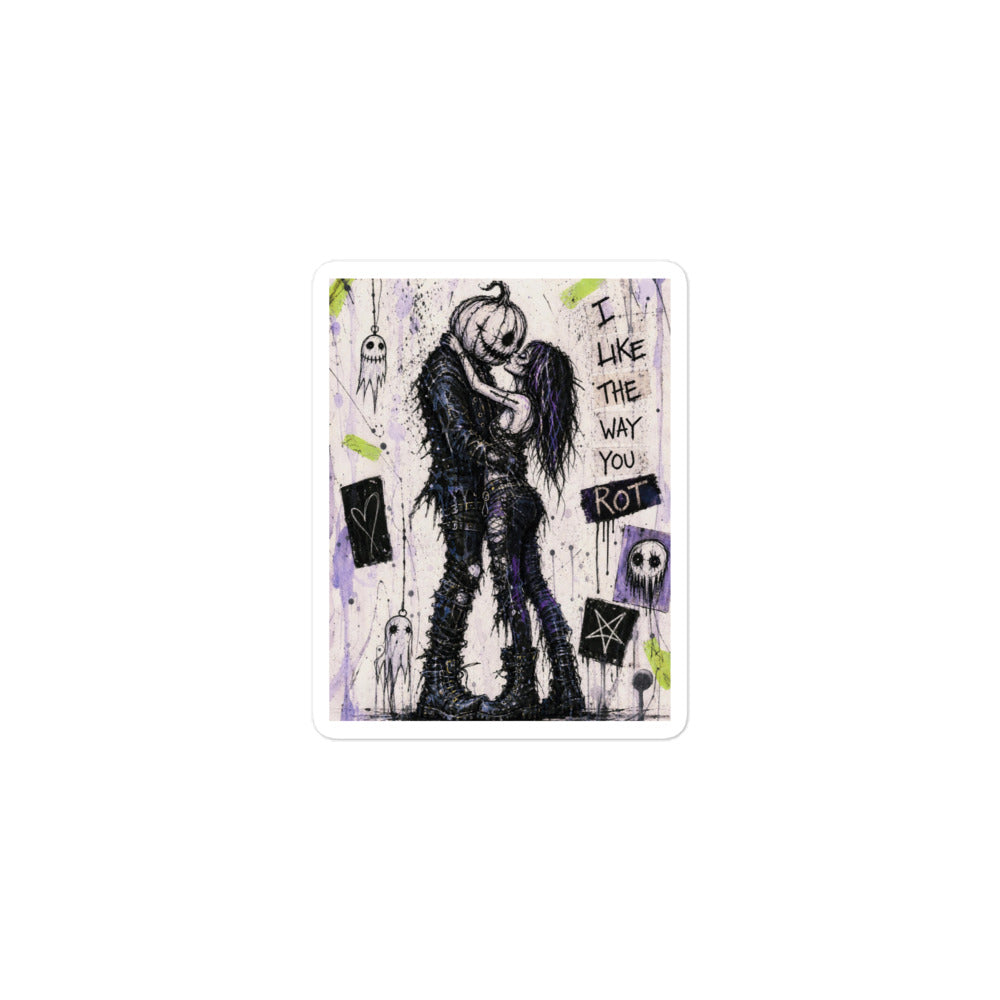 3 x 3 inch 'I Like The Way You Rot' goth sticker featuring a pumpkin-headed zombie kissing a purple-haired goth girl, with the words "I like the way you rot"