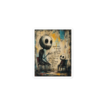3 x 3 inch 'Memories' goth sticker featuring two skull-faced figures sitting in chairs, with the words "Sometimes I wonder if the memories are real"