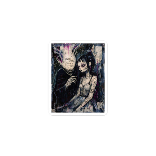 3 x 3 inch 'Pretty Words' goth sticker featuring a pale goth bride beside a shadowy creature, with the words "Pretty words, ugly truth"