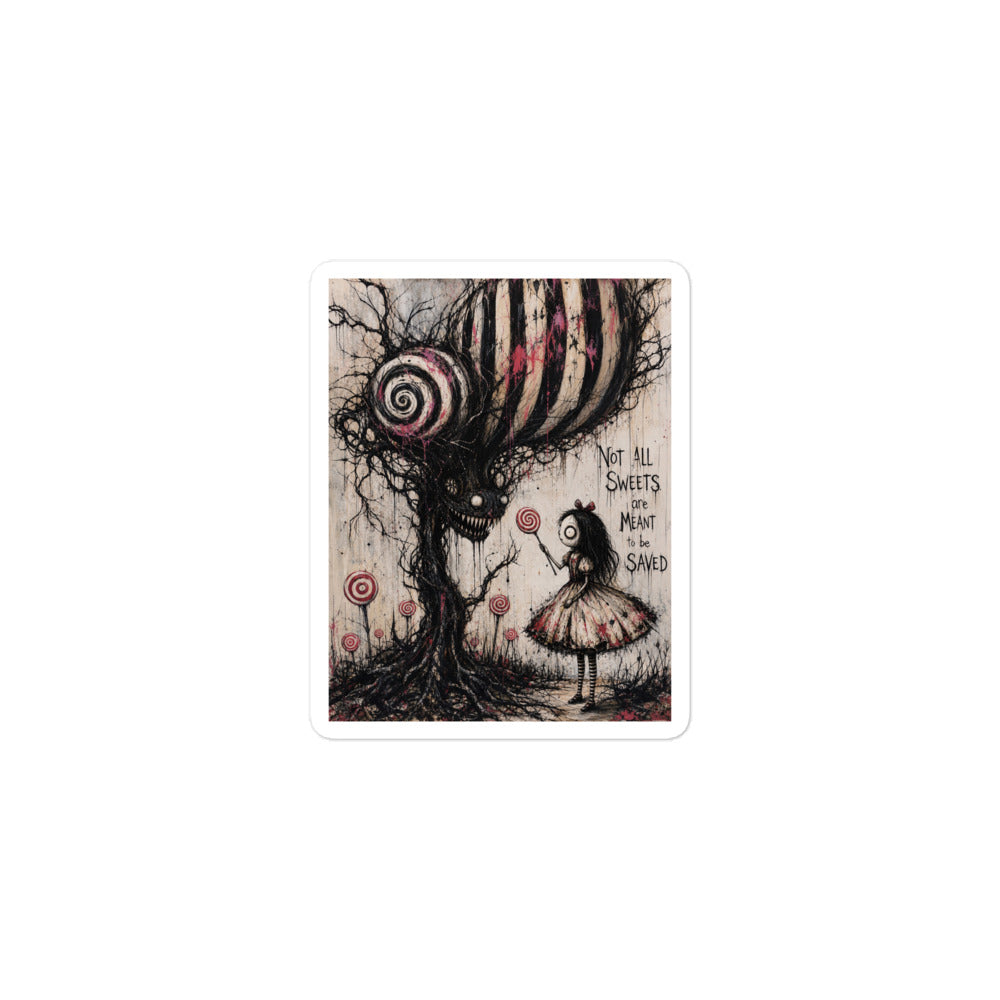 3 x 3 inch 'Sweet Tooth' goth sticker featuring a girl with a lollipop facing a creepy candy-striped tree monster, with the words "Not all sweets are meant to be saved"