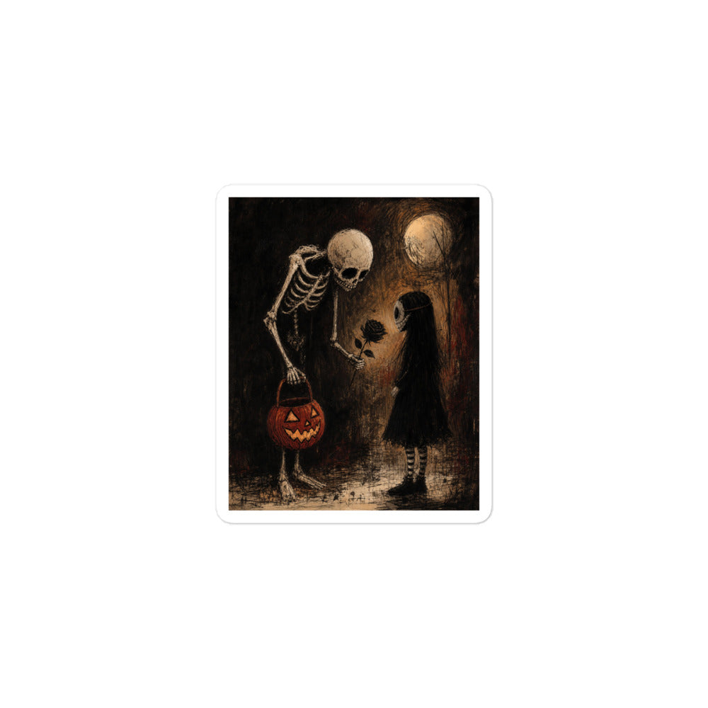3 x 3 inch 'No Trick Just Treat' goth sticker featuring a skeleton handing a jack-o'-lantern pail to a pale little girl under a full moon