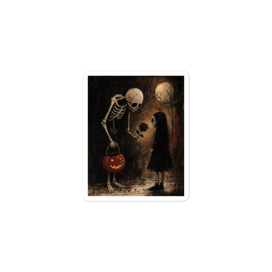 3 x 3 inch 'No Trick Just Treat' goth sticker featuring a skeleton handing a jack-o'-lantern pail to a pale little girl under a full moon