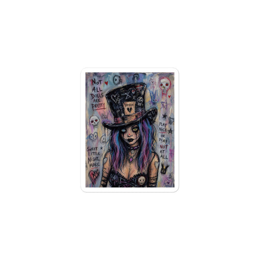 3 x 3 inch 'The Real Alice' goth sticker featuring a goth girl with blue and purple hair in a patched top hat, with the words "Not all dolls are pretty"