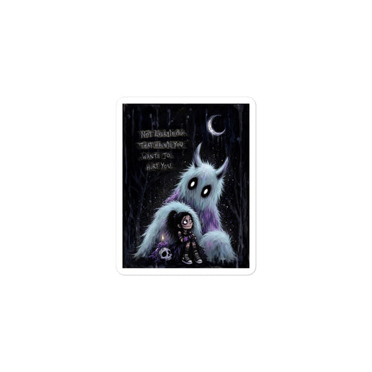 3 x 3 inch 'The Haunted' goth sticker featuring a little goth girl holding a candle beside a fuzzy blue monster under a crescent moon, with the words "Not everything that haunts you wants to hurt you"