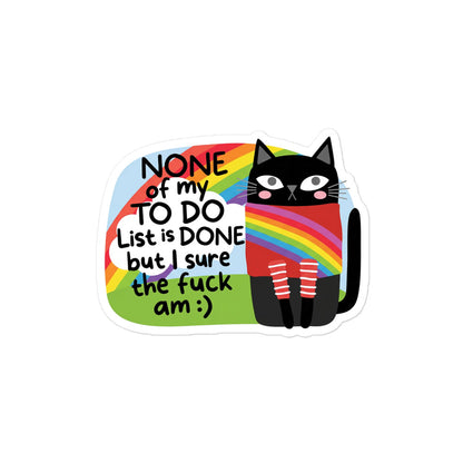 Funny Bubble-free sticker featuring black cat with rainbow arch and colorful quote