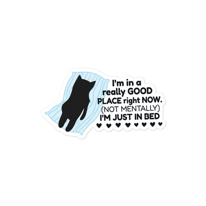 Funny Bubble-free cat sticker with blue bed graphic, black cat silhouette, and heart accents.