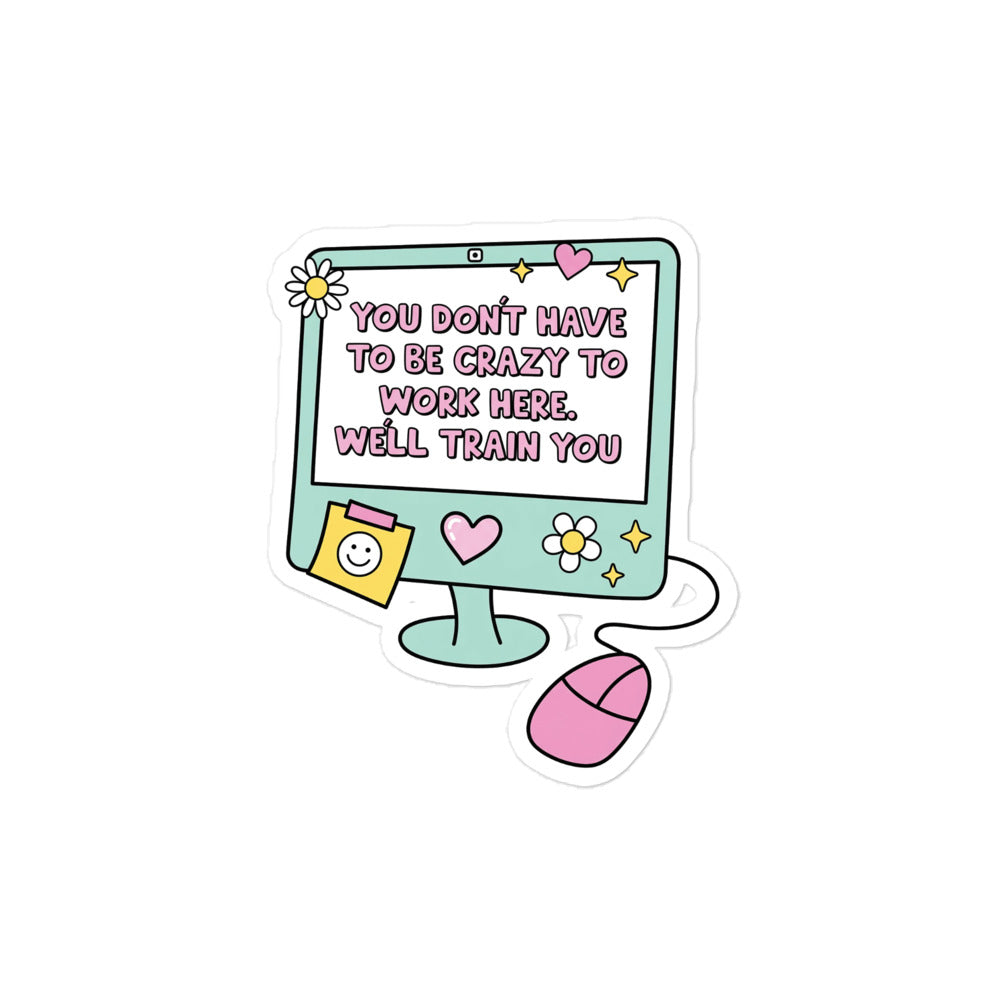 Funny Bubble-free sticker with computer monitor, flowers and hearts, and work-here quote