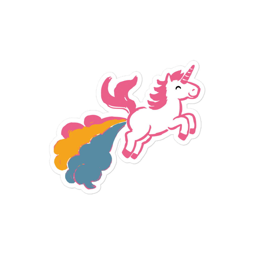 Funny Bubble-free unicorn and rainbow cloud pride sticker in pink, orange, and blue