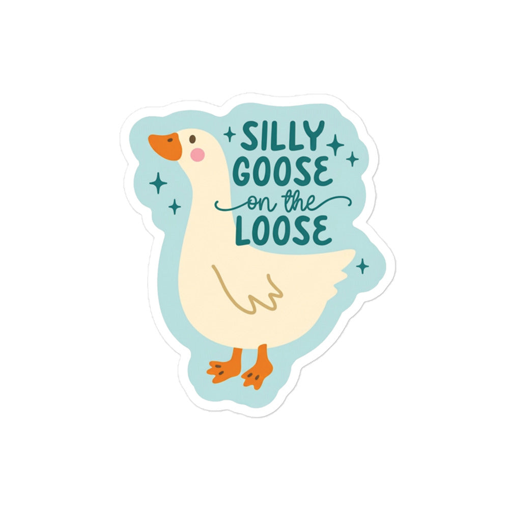 Funny Goose bubble-free sticker in teal with “Silly Goose on the Loose” phrase and stars