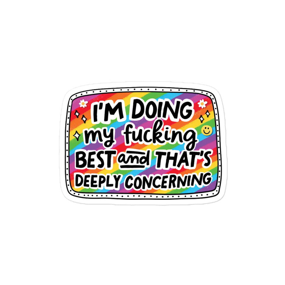 Funny Bubble-free rectangular sticker with colorful text, white outline, and black dotted border