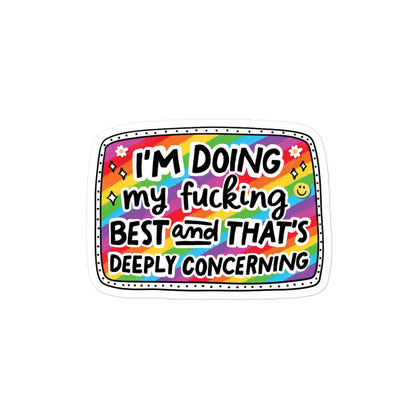 Funny Bubble-free rectangular sticker with colorful text, white outline, and black dotted border