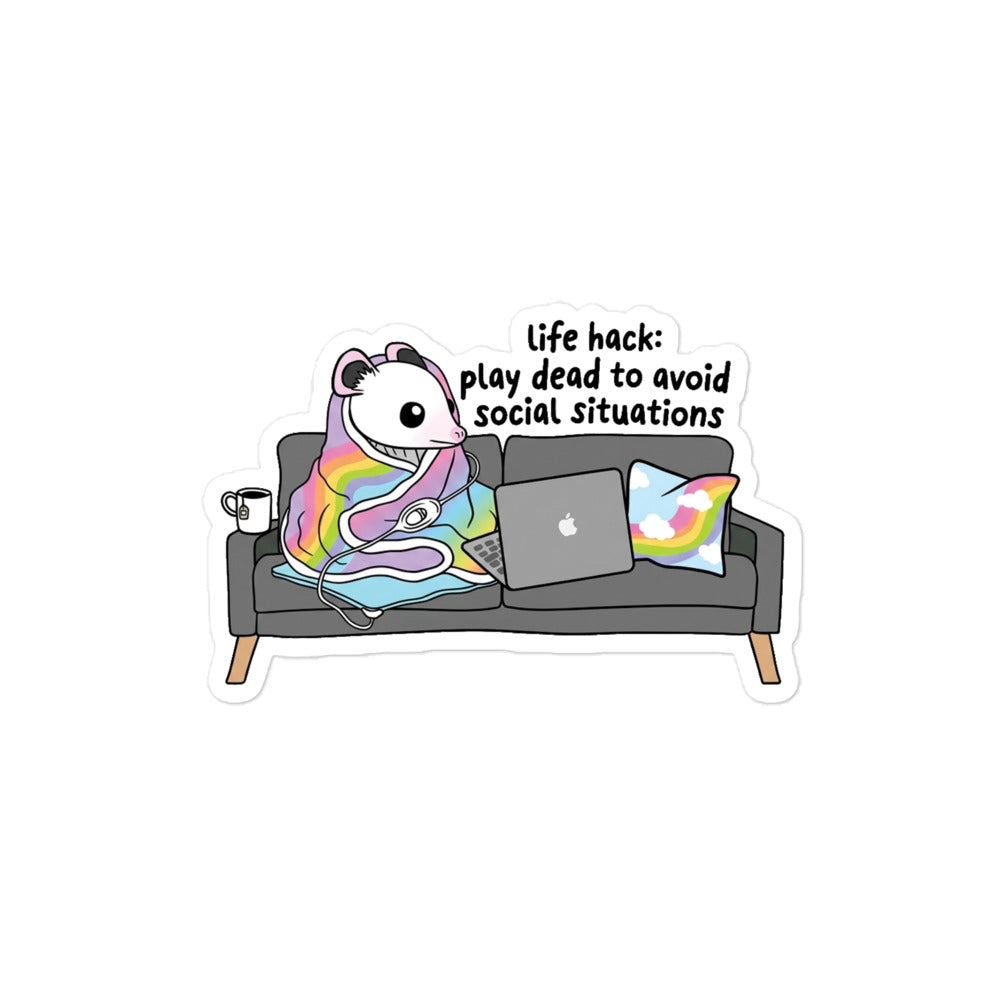 Funny Bubble-free sticker: panda lounging on gray couch with laptop and speech-bubble text