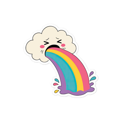 Funny Cloud-face rainbow bubble-free sticker with rainbow arc, blush cheeks, and tiny feet.