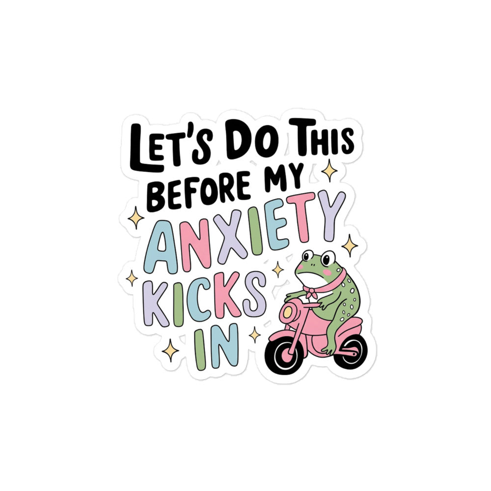 Funny Bubble-free sticker with bold 'Let's Do This' and green frog on pink scooter