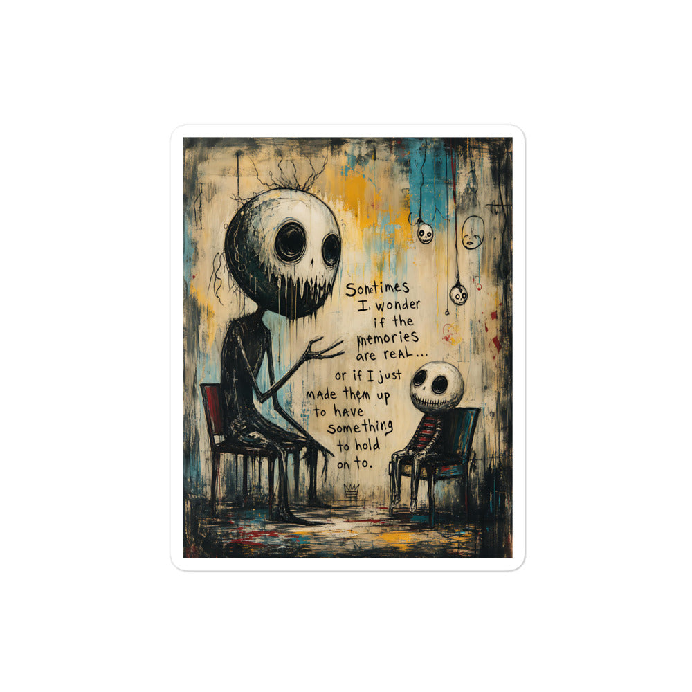 4 x 4 inch 'Memories' goth sticker featuring two skull-faced figures sitting in chairs, with the words "Sometimes I wonder if the memories are real"