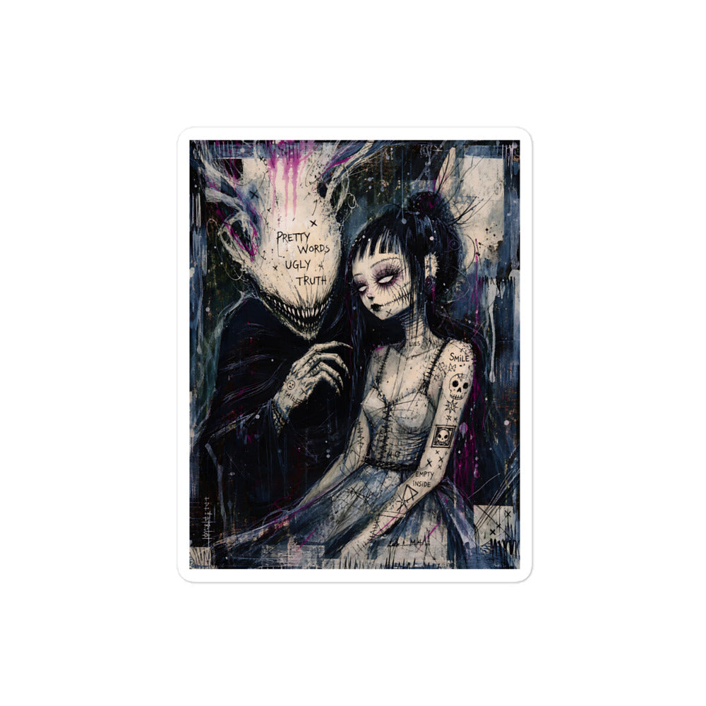 4 x 4 inch 'Pretty Words' goth sticker featuring a pale goth bride beside a shadowy creature, with the words "Pretty words, ugly truth"