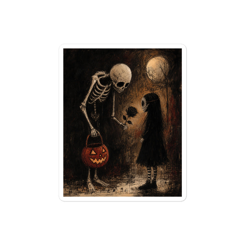 4 x 4 inch 'No Trick Just Treat' goth sticker featuring a skeleton handing a jack-o'-lantern pail to a pale little girl under a full moon