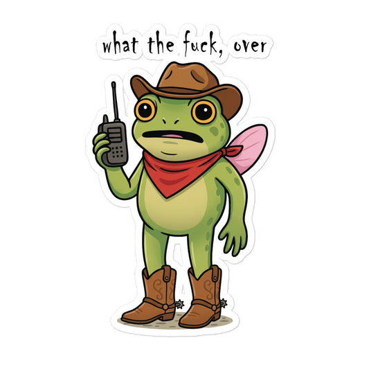 Funny Frog character bubble-free sticker with cowboy hat, red bandana, holding walkie-talkie