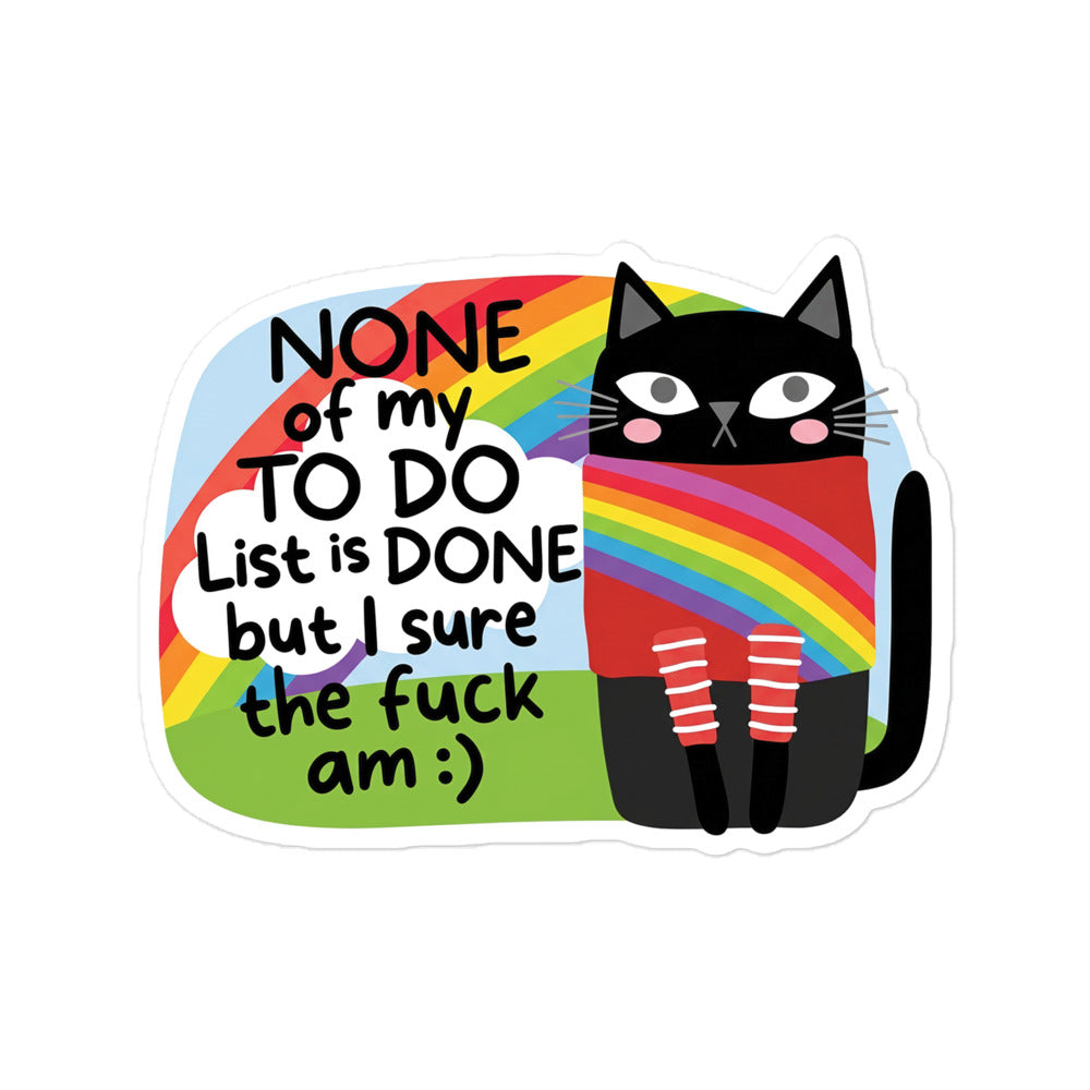 Funny Bubble-free sticker with black cat, rainbow quote, and red striped legs