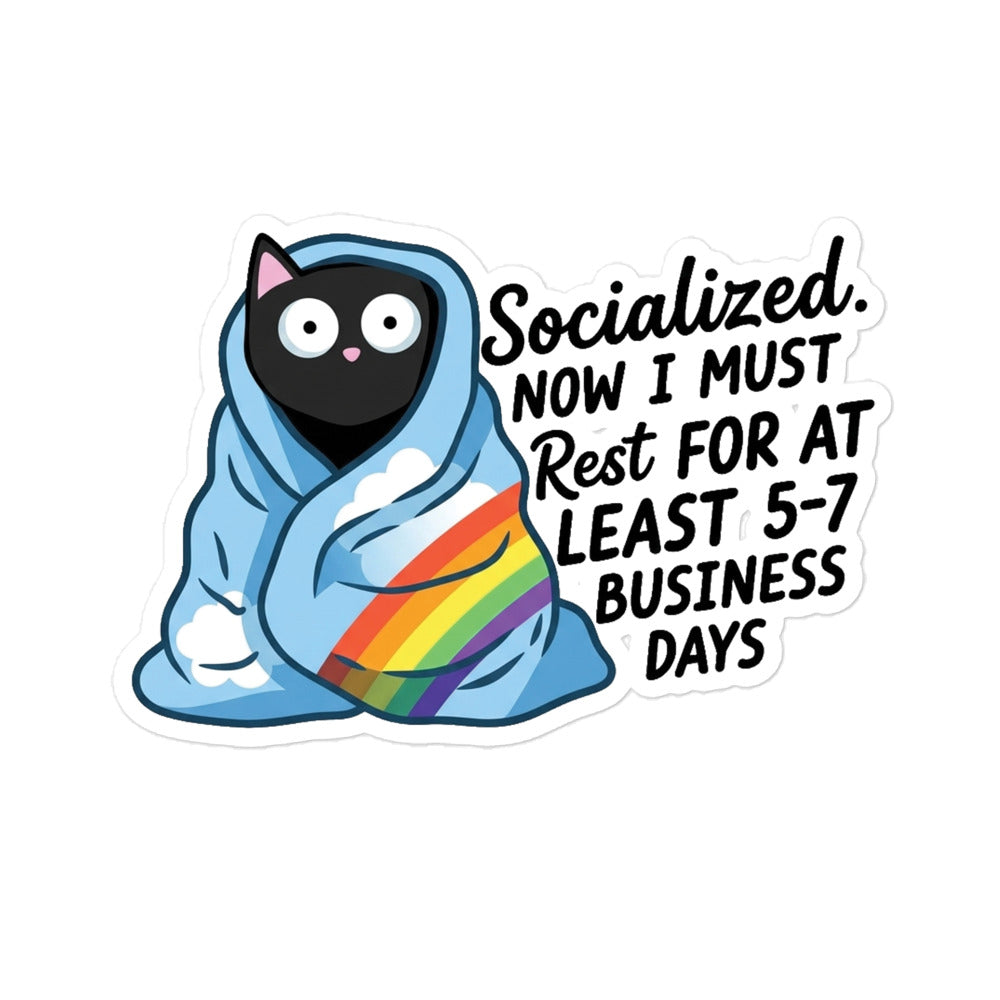 Funny Bubble-free sticker of cat in blue hoodie with rainbow sash and “Socialized...” text