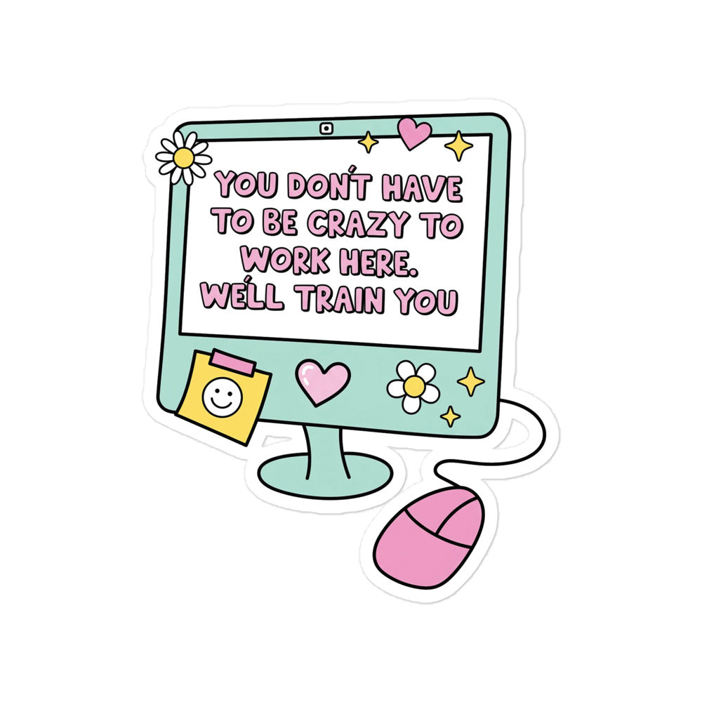 Funny Bubble-free sticker set with computer monitor, hearts, and smiley quote text