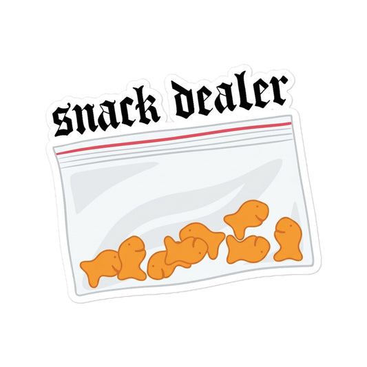 Funny Snack dealer bubble-free sticker: clear pouch with orange snack characters