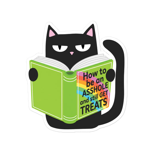 Funny Bubble-free cat reading book sticker, black cat with open green book and colorful lettering