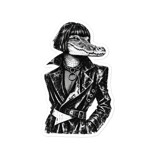 Funny Bubble-free sticker of a crocodile in a black leather-look outfit and hat