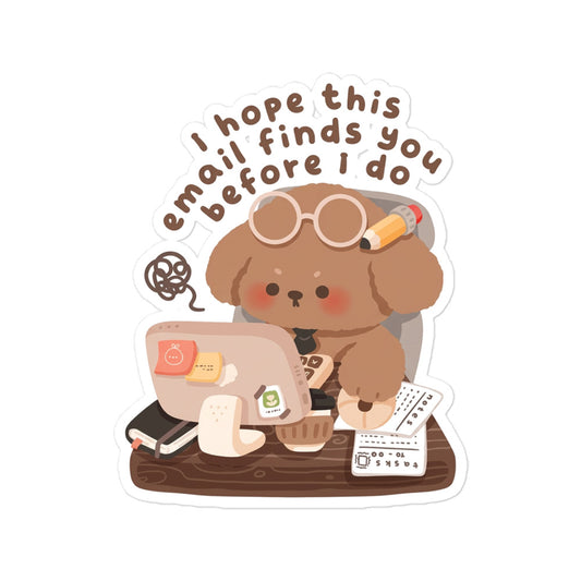 Funny Bubble-free sticker of cartoon bear with glasses typing at desk