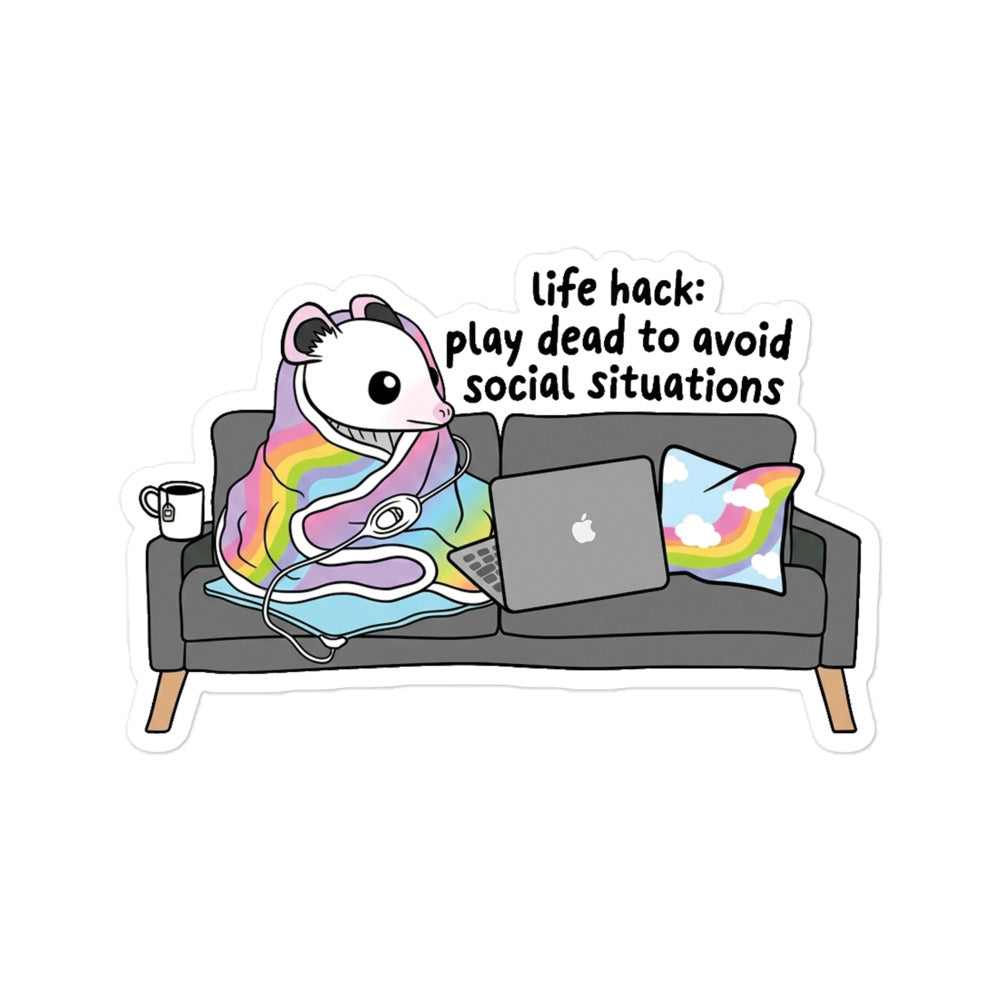 Funny Bubble-free sticker: panda on gray couch with laptop, pillows, and rainbow accents