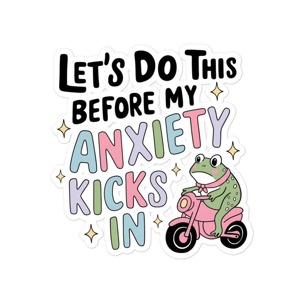 Funny Bubble-free sticker with colorful text and green cartoon frog riding a pink scooter