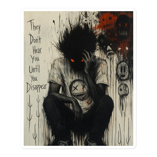 5.5 x 5.5 inch 'To Late' goth sticker featuring a shadowy, wild-haired figure with glowing red eyes hunched over, with the words "They don't hear you until you disappear"