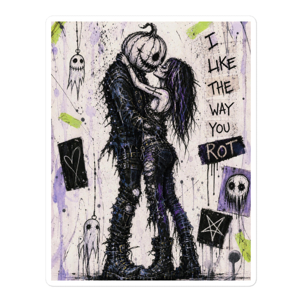 5.5 x 5.5 inch 'I Like The Way You Rot' goth sticker featuring a pumpkin-headed zombie kissing a purple-haired goth girl, with the words "I like the way you rot"